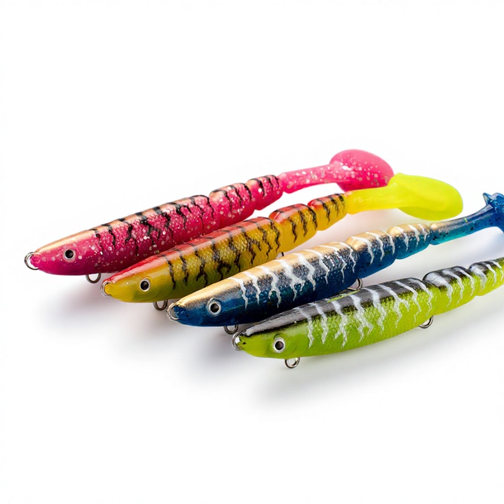 Cheery Saltwater Fishing 130mm 34.6g Soft Bait PVC Material Jig Head Swimbait Multi Jointed Paddle Tail Soft Lure With Rattle Ba – Worms & Grubs – view 1