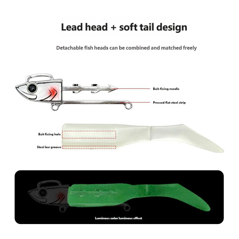 CHEERY Arrival Luminous Jig Head Soft T Tail Bass Fishing Lure 30g-43g Saltwater Jigging Rubber Artificial Lead Marlin Pike Carp – Soft Lure – view 4