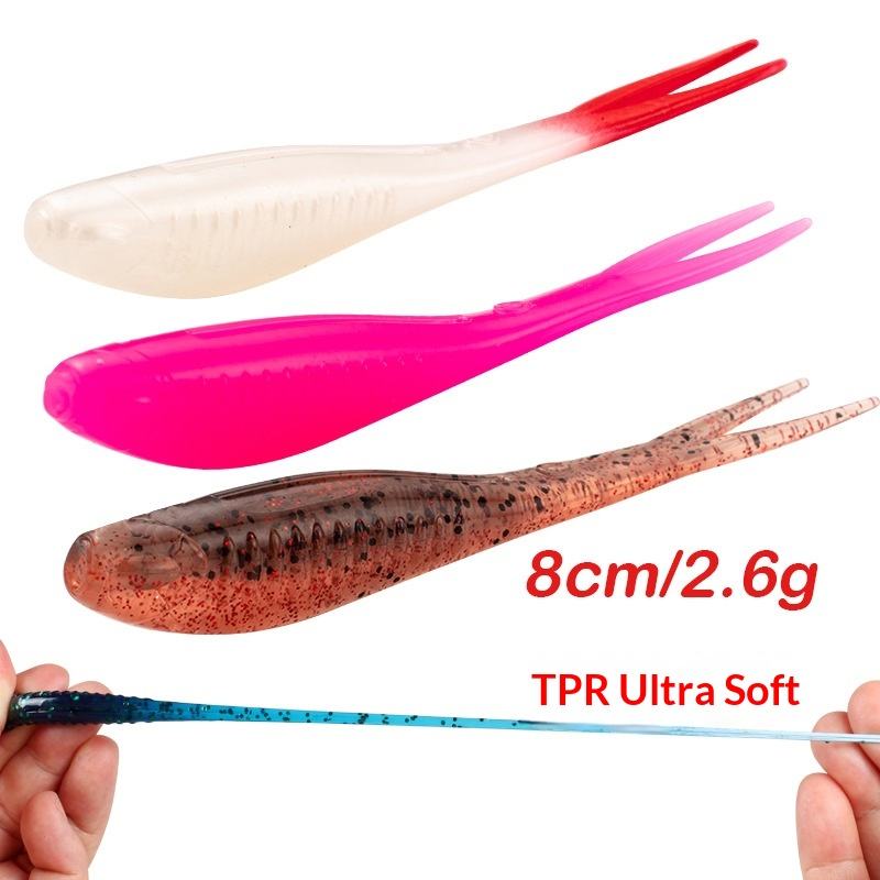 CHEERY 8cm 6pcs TPR Floating Soft Bait Plastic Carp Bottom Bait Root Lead Head Without Hooks Lake River Fishing Fork Tail – Worms & Grubs – view 2